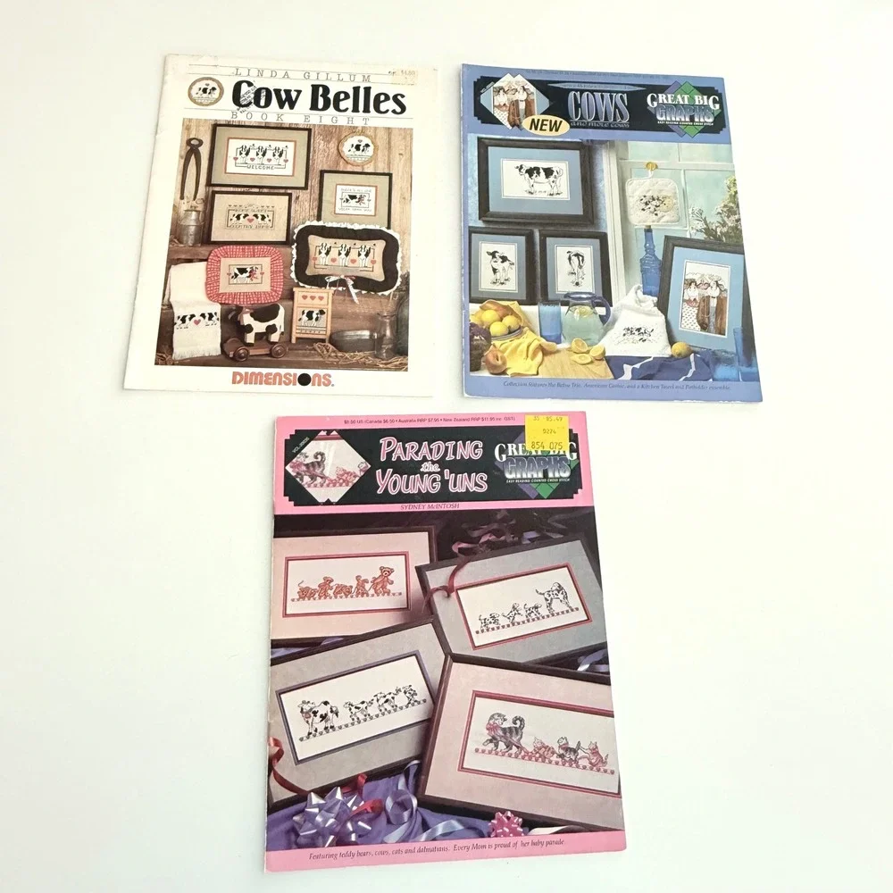 Lot of 3 Vintage Cow Cross Stitch Pattern Books Farmhouse Country Samplers
